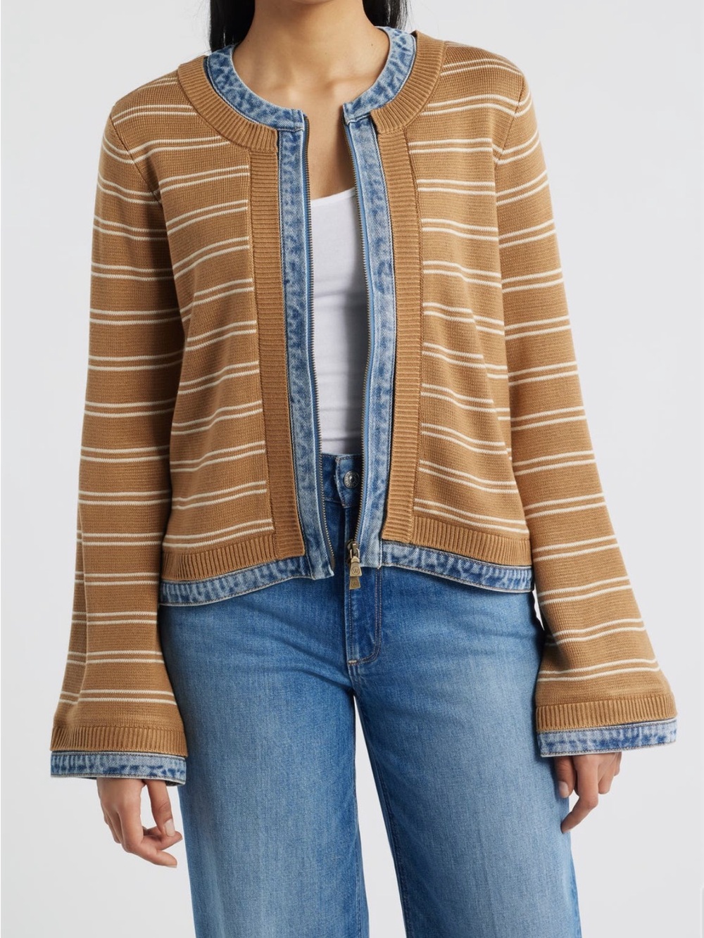 NEW Striped Tan Knit Cardigan with Denim Trim